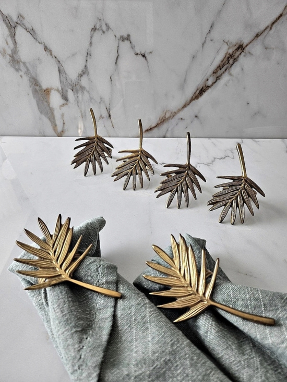 Vintage Mid-Century Solid Brass Palm Leaf Napkin Rings - Set of 6